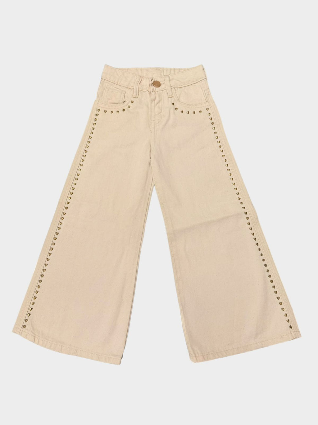 Pantalón Jeans Wide Leg Niña Beige Con Tachuelas De Corazón | Moda Infantil Denim Ancho Style