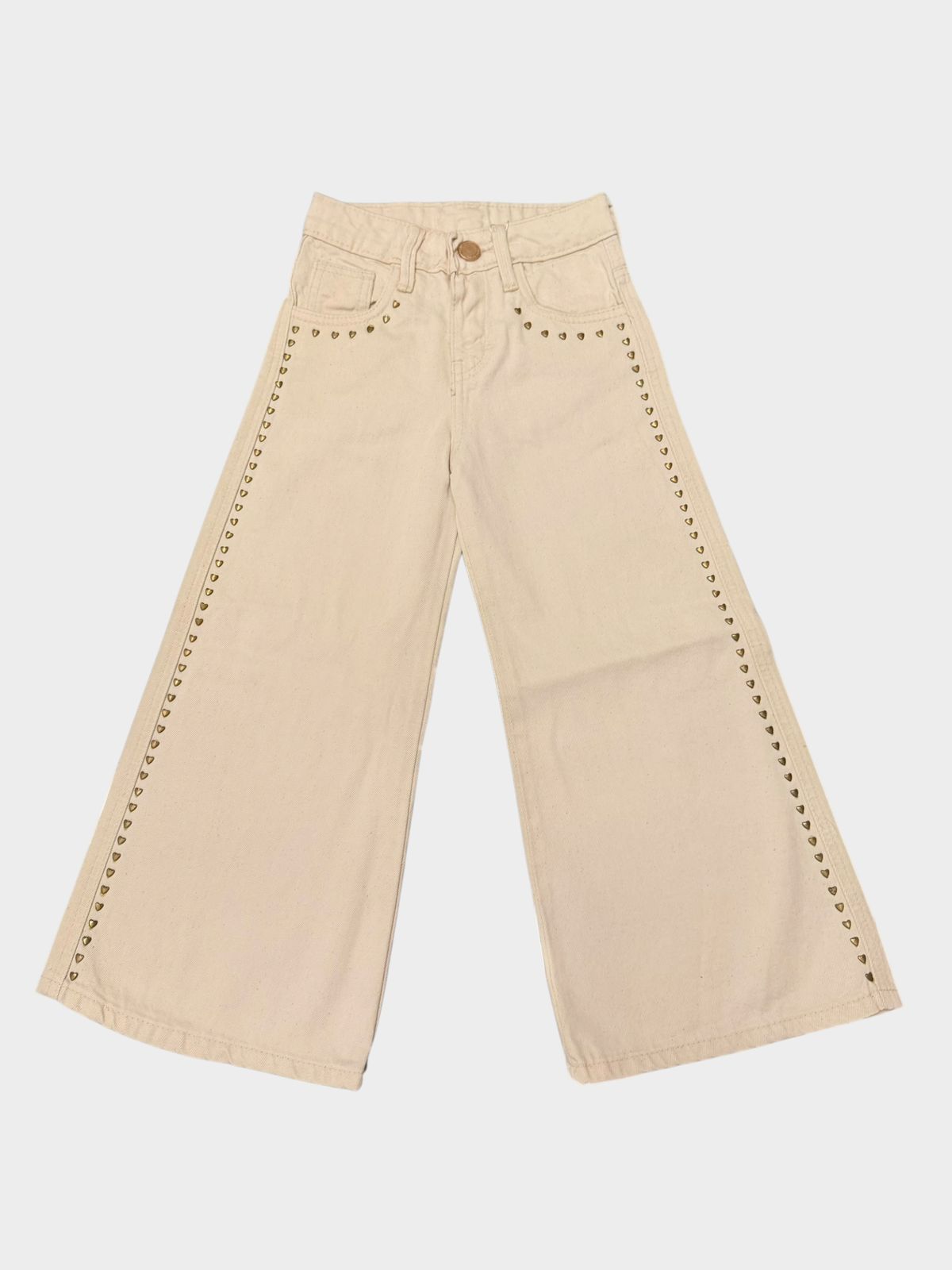 Pantalón Jeans Wide Leg Niña Beige Con Tachuelas De Corazón | Moda Infantil Denim Ancho Style