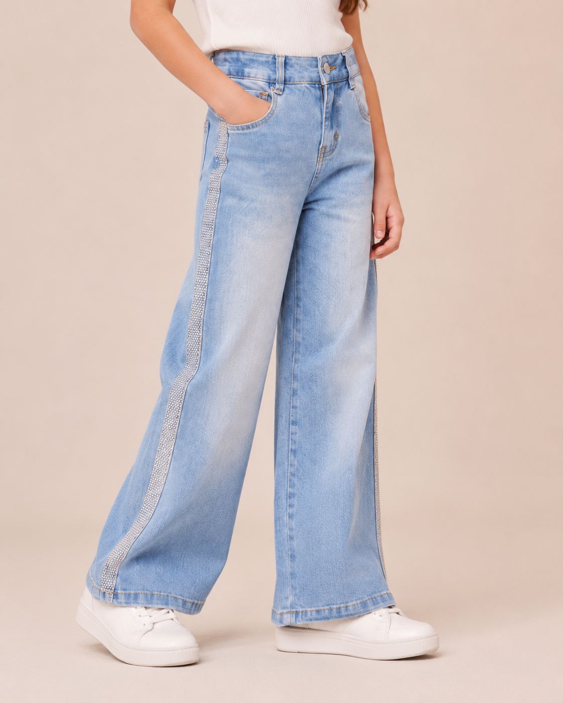 Jeans Wide Leg para Niña con Brillos Laterales ✨ Pantalón de Mezclilla Pierna Ancha