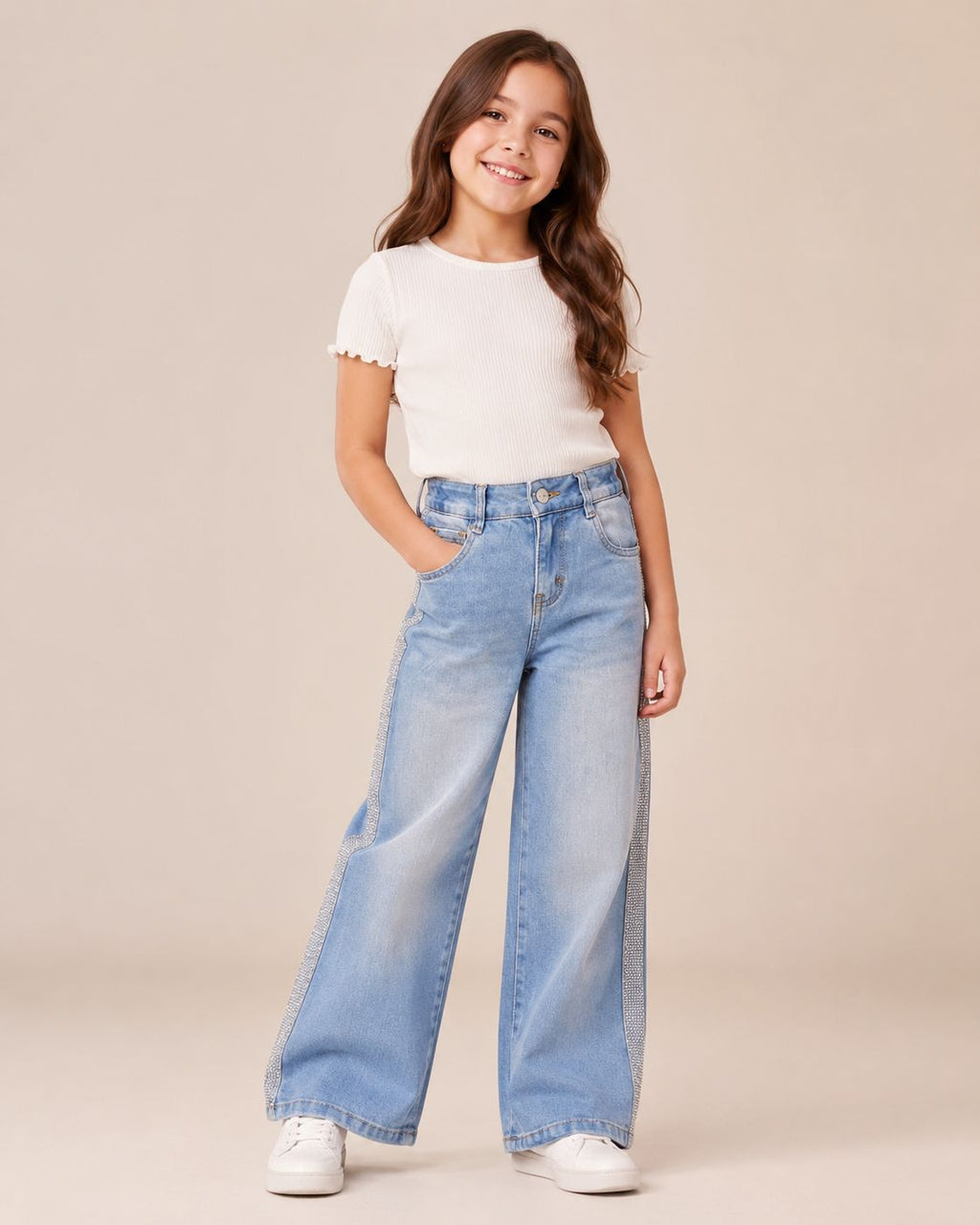 Jeans Wide Leg para Niña con Brillos Laterales ✨ Pantalón de Mezclilla Pierna Ancha