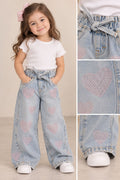 Pantalón Jeans Wide Leg Niña Con Corazones Brillo y Cintas en Cintura - Estilo Coquette y Cómodo