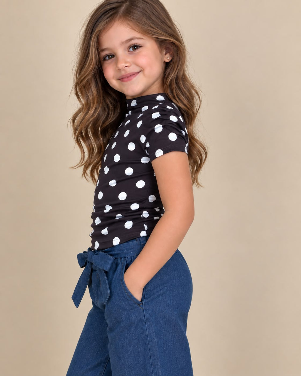 Blusa de Lunares para Niña ✨ Manga Corta y Cuello Drapado
