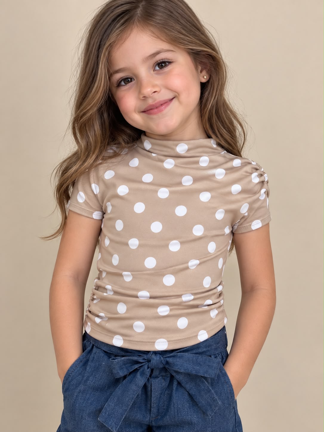 Blusa de Lunares para Niña ✨ Manga Corta y Cuello Drapado