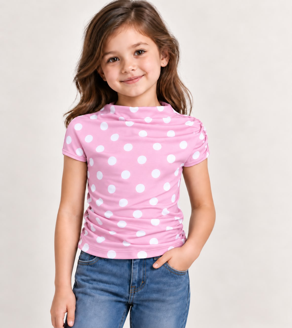 Blusa de Lunares para Niña ✨ Manga Corta y Cuello Drapado