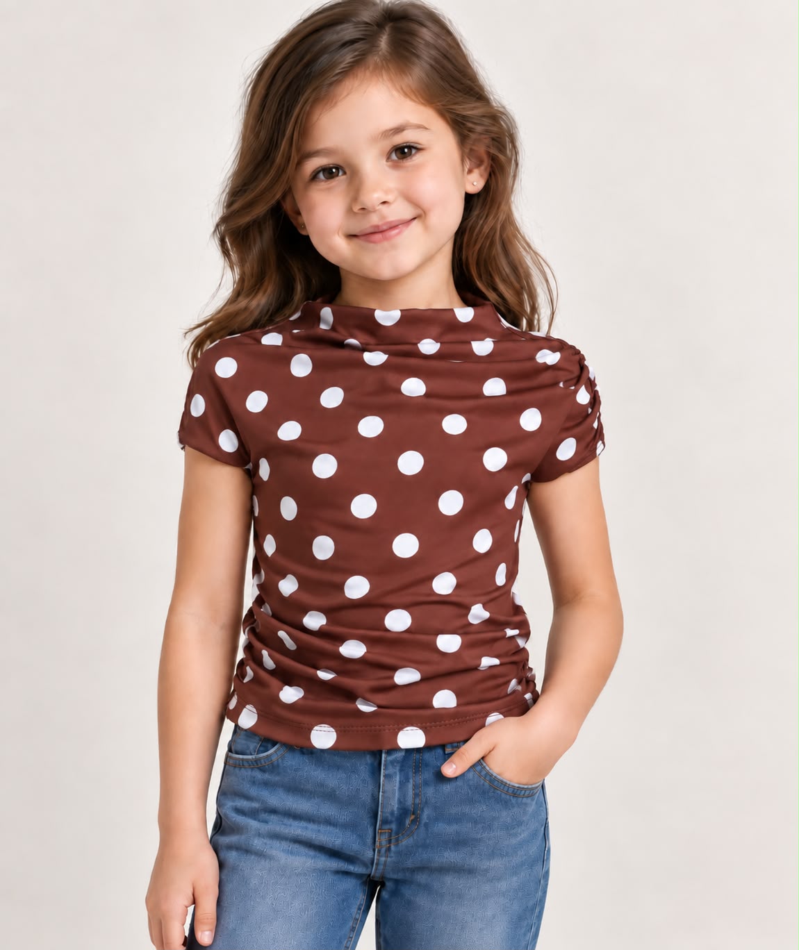 Blusa de Lunares para Niña ✨ Manga Corta y Cuello Drapado