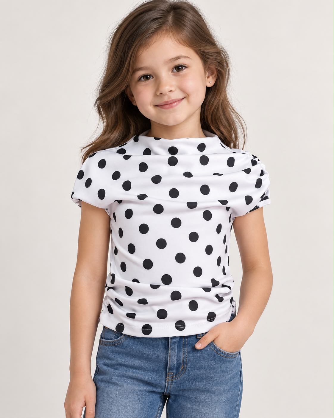 Blusa de Lunares para Niña ✨ Manga Corta y Cuello Drapado
