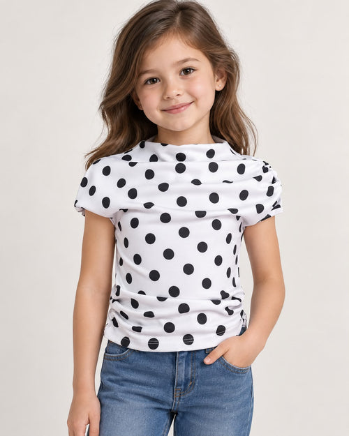 Blusa de Lunares para Niña ✨ Manga Corta y Cuello Drapado