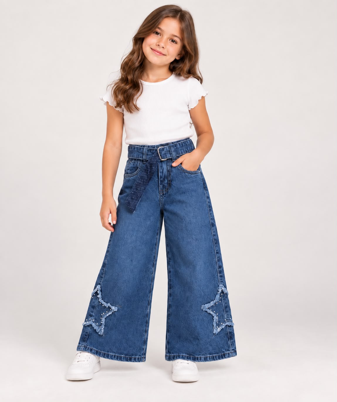 👖 Pantalón Wide Leg de Mezclilla para Niña con Estrellas y Cinturón ✨