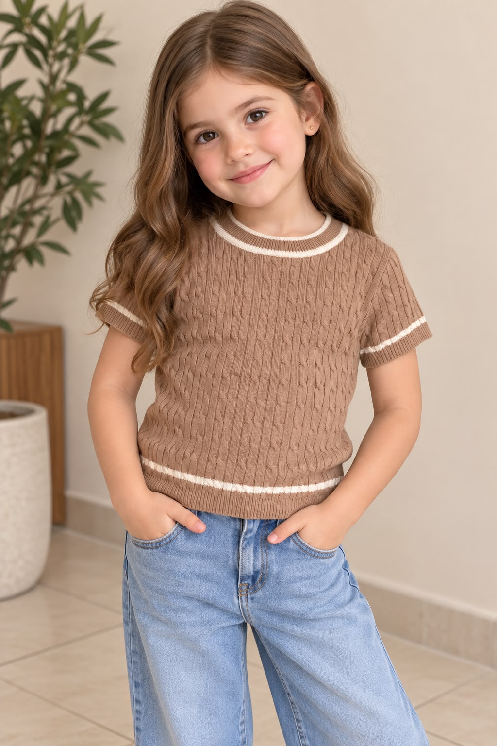 Blusa Tejida para Niña Manga Corta con Detalles en Contraste ✨