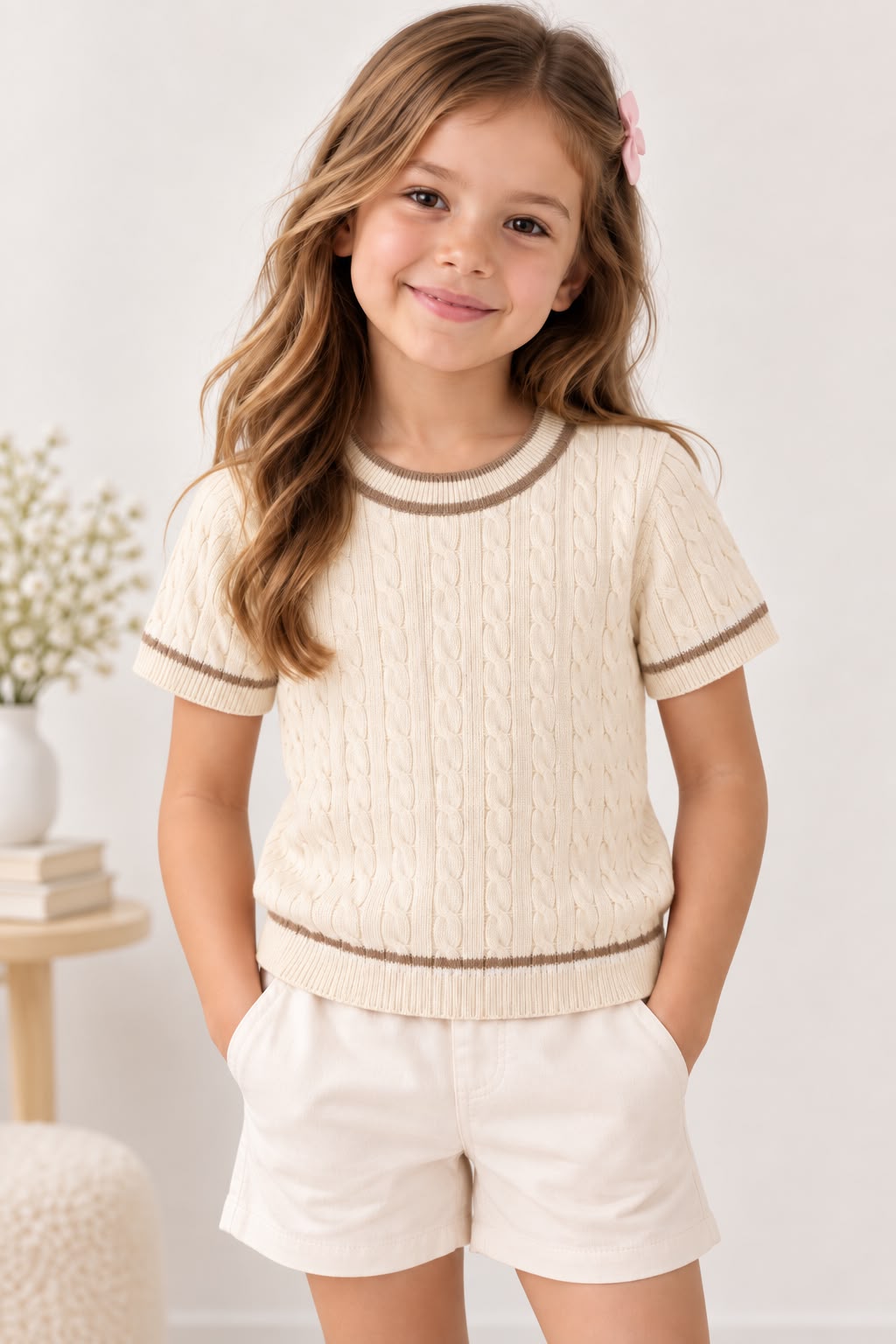 Blusa Tejida para Niña Manga Corta con Detalles en Contraste ✨