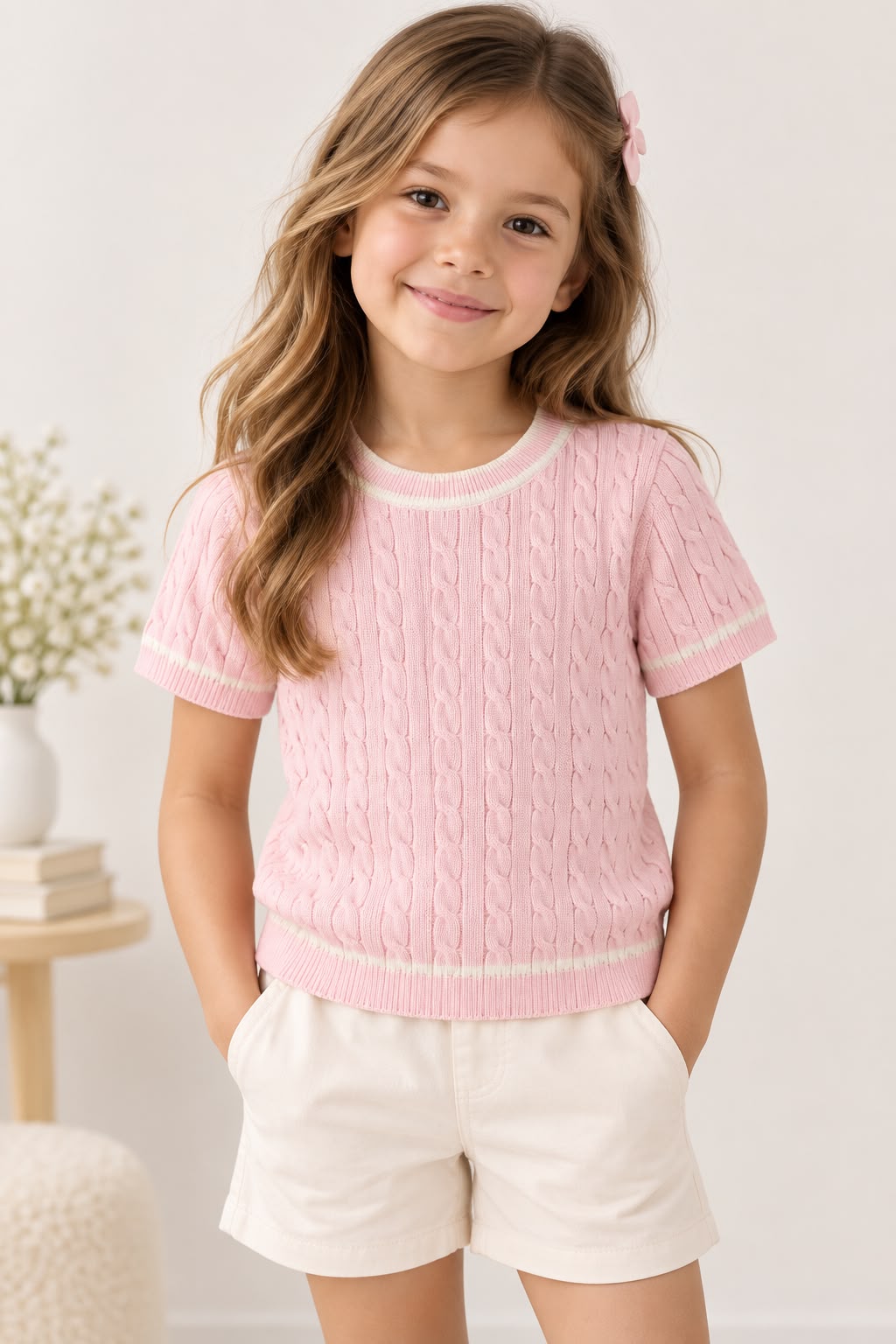 Blusa Tejida para Niña Manga Corta con Detalles en Contraste ✨