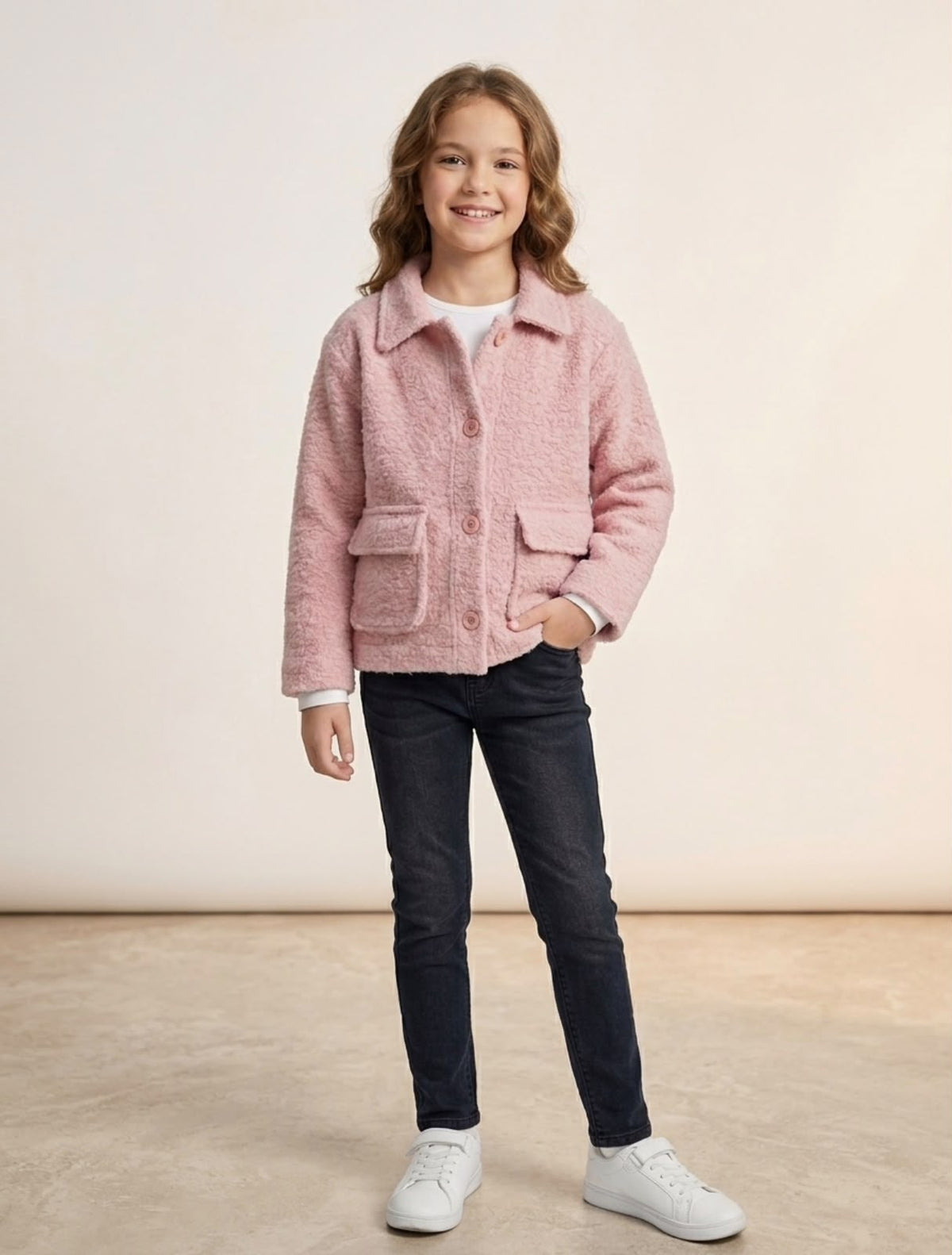 Chamarra Borreguita para Niña con Bolsas y Botones | Abrigo Casual Rosa o Beige