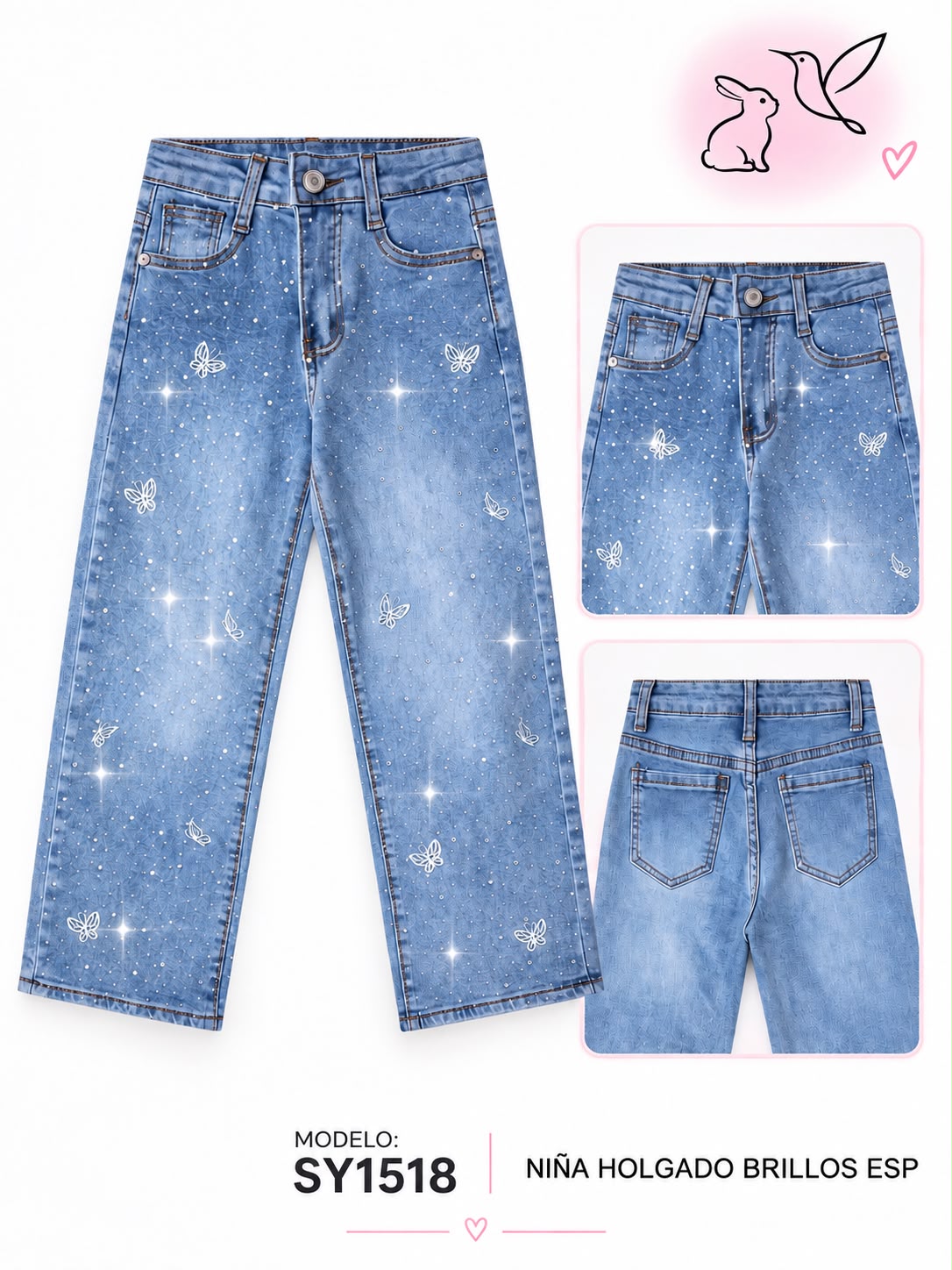 ✨ Jeans Wide Leg para Niña con Brillos y Mariposas | Pantalón de Mezclilla Holgado ✨