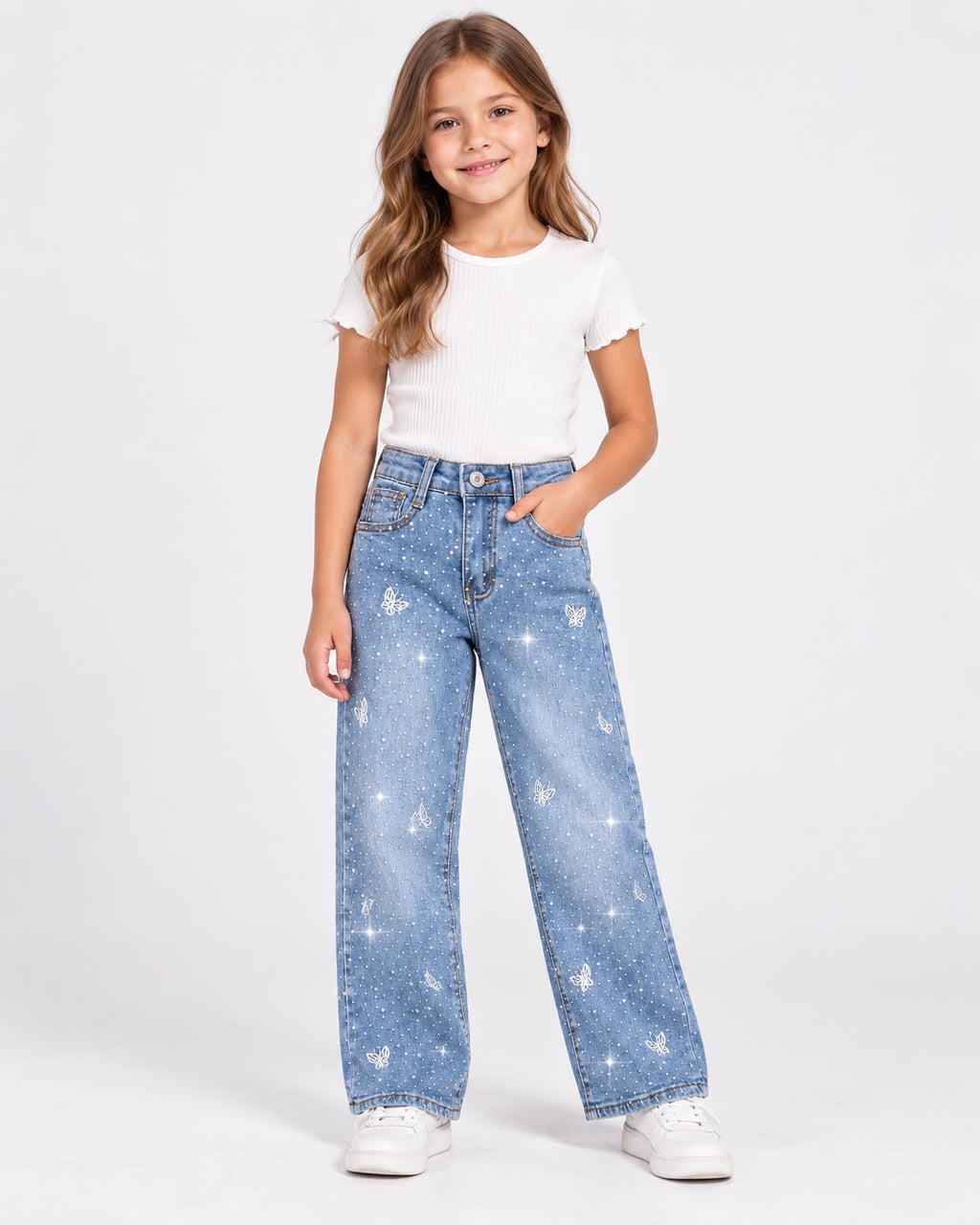 ✨ Jeans Wide Leg para Niña con Brillos y Mariposas | Pantalón de Mezclilla Holgado ✨