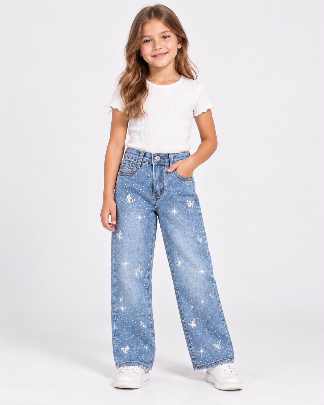 ✨ Jeans Wide Leg para Niña con Brillos y Mariposas | Pantalón de Mezclilla Holgado ✨