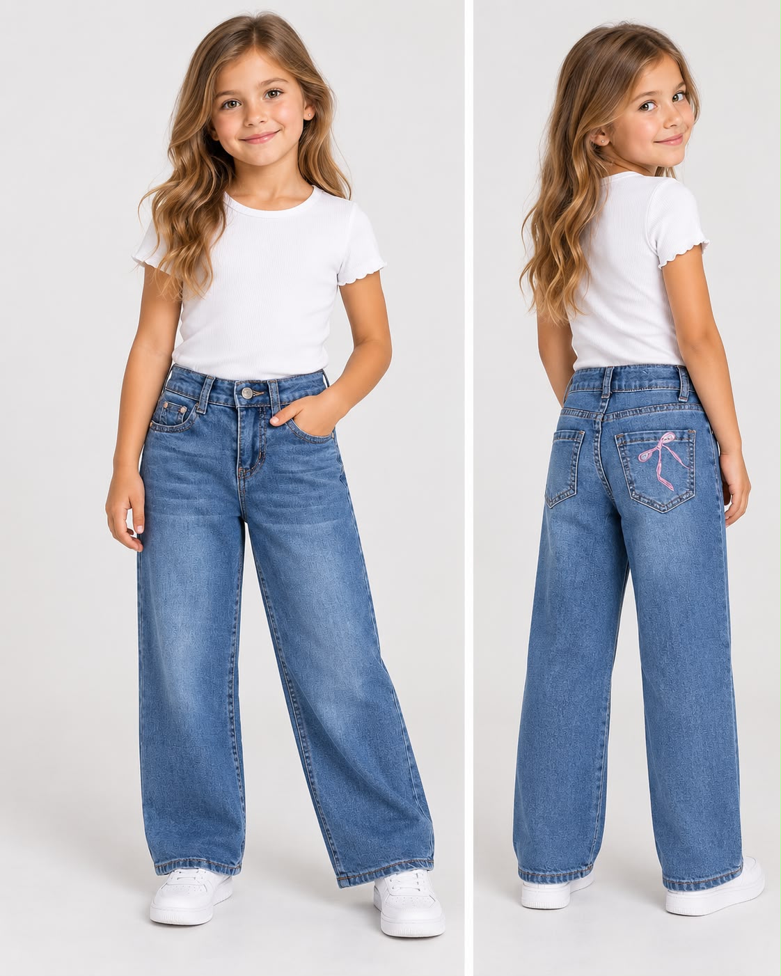 Jeans Wide Leg para Niña con Moño Bordado 🎀 | Pantalón de Mezclilla Pierna Ancha