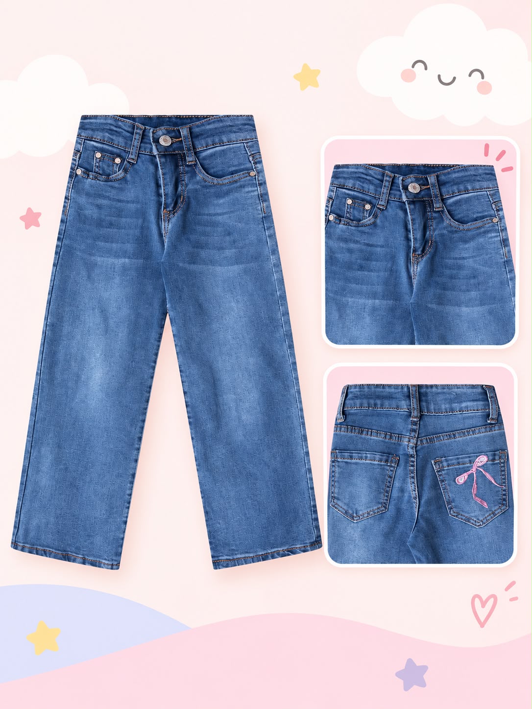 Jeans Wide Leg para Niña con Moño Bordado 🎀 | Pantalón de Mezclilla Pierna Ancha