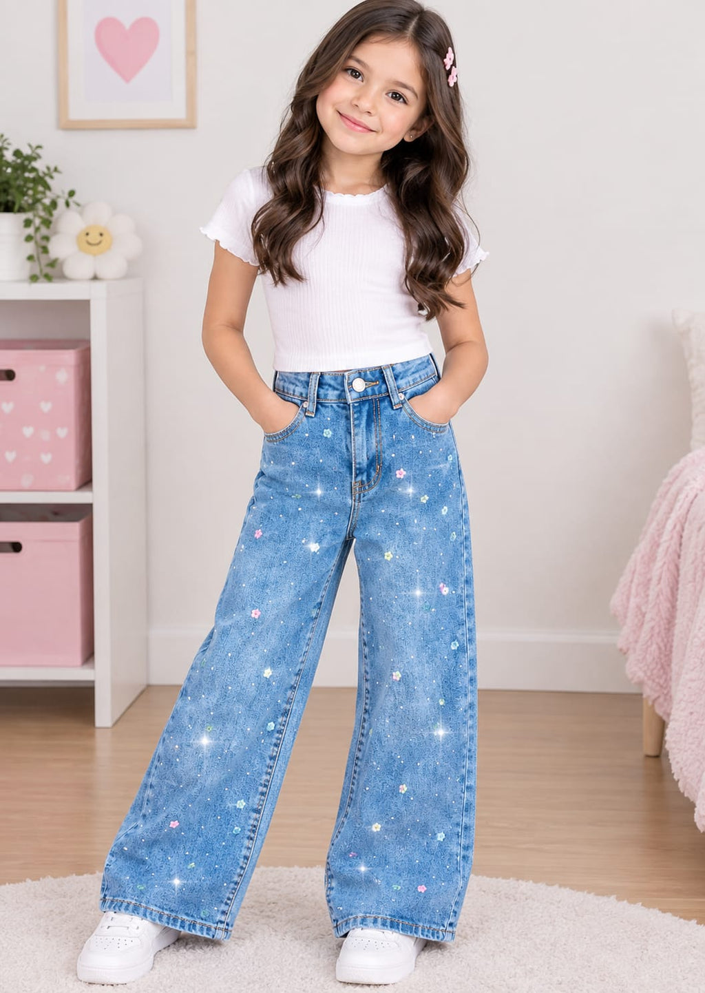 Pantalón de Mezclilla Wide Leg para Niña con Bordados y Detalles Brillantes