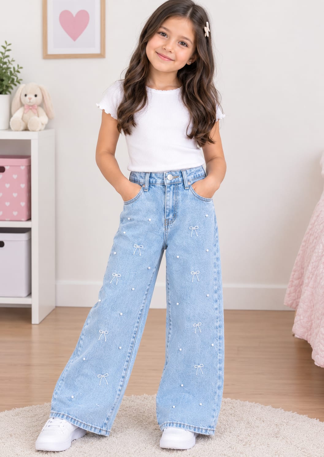 Pantalón de Mezclilla Wide Leg para Niña con Bordados y Detalles Brillantes