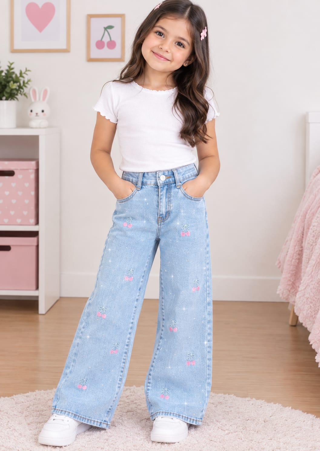Pantalón de Mezclilla Wide Leg para Niña con Bordados y Detalles Brillantes