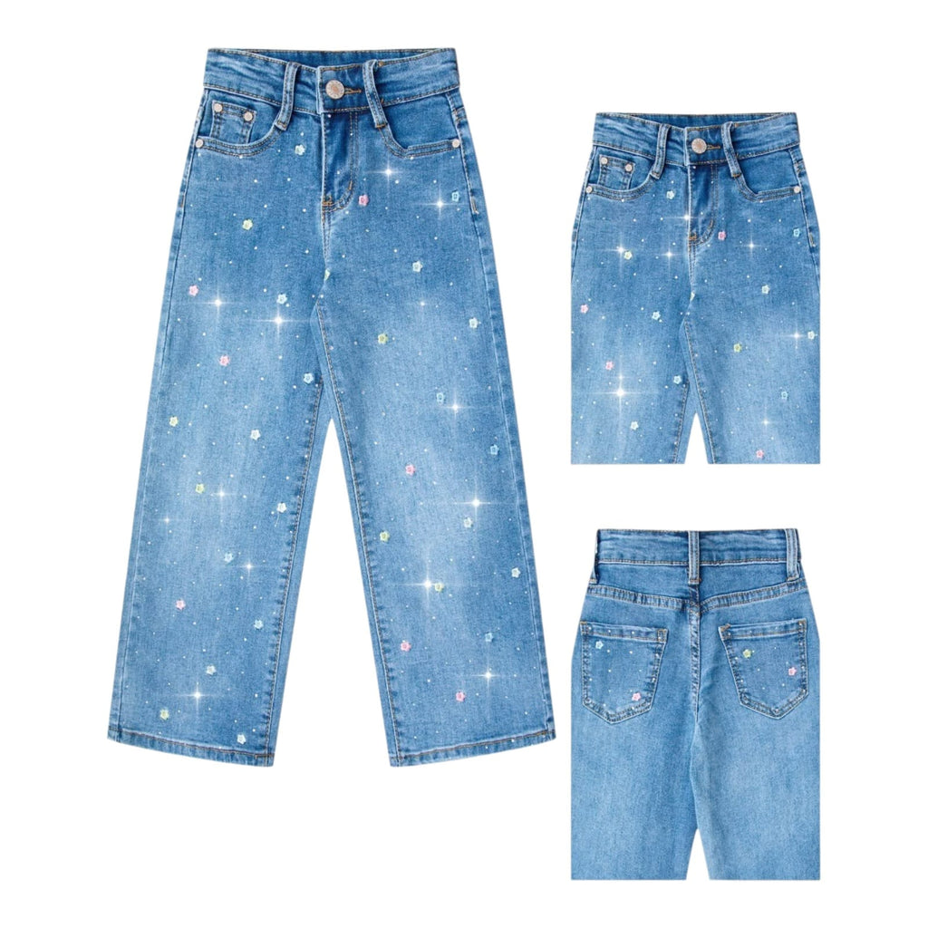 Pantalón de Mezclilla Wide Leg para Niña con Bordados y Detalles Brillantes