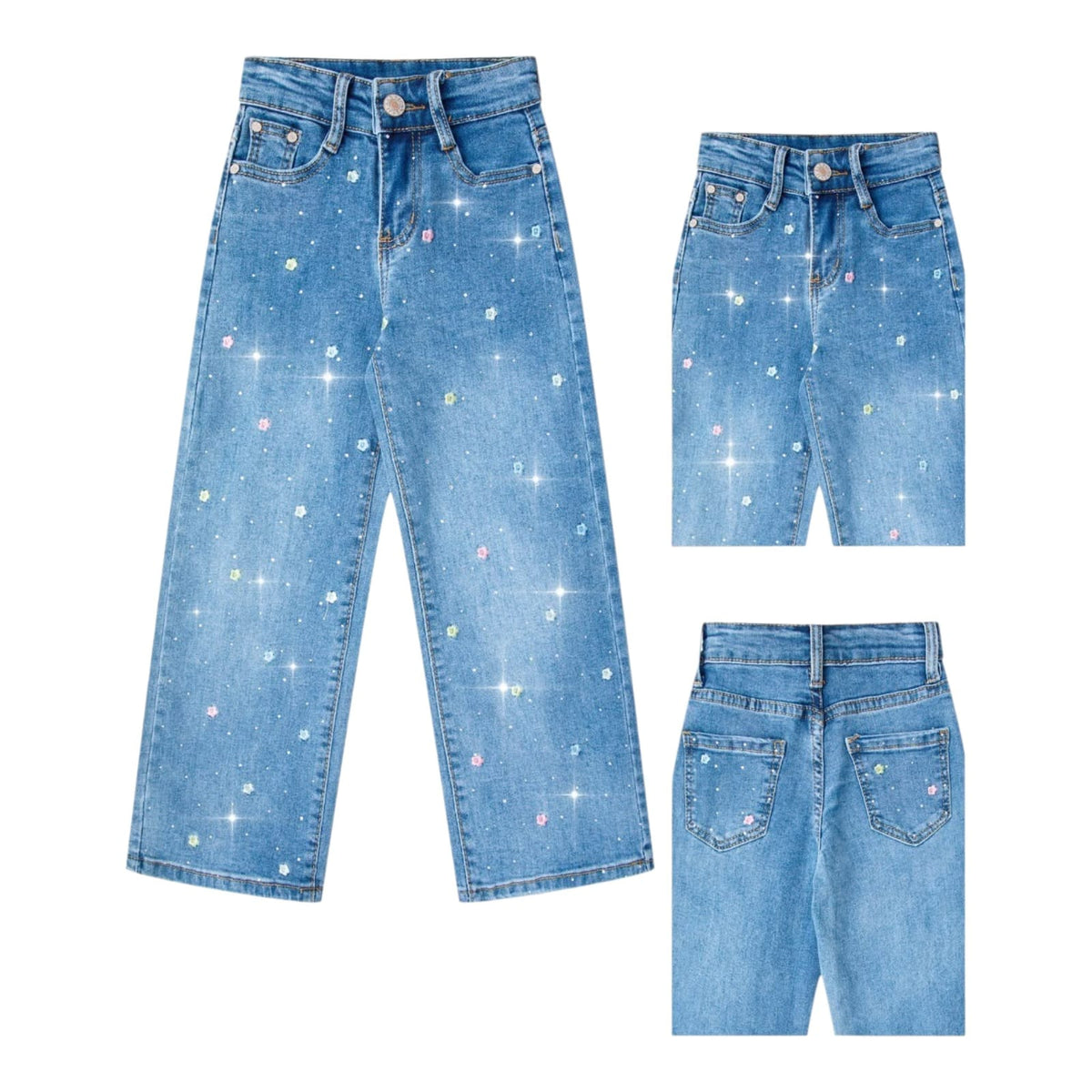 Pantalón de Mezclilla Wide Leg para Niña con Bordados y Detalles Brillantes