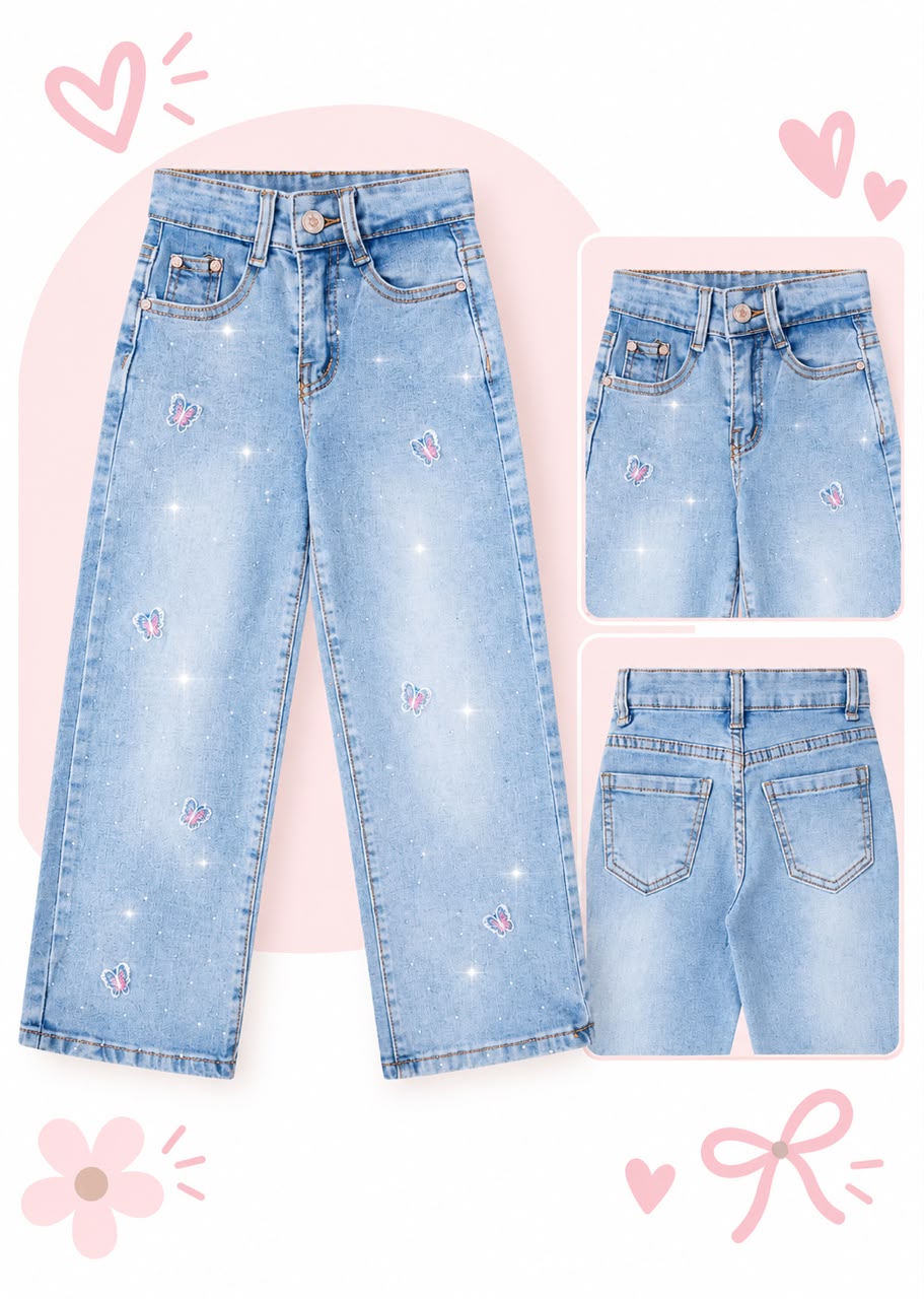 👖 Jeans Wide Leg para Niña con Brillos y Bordados ✨🦋❤️