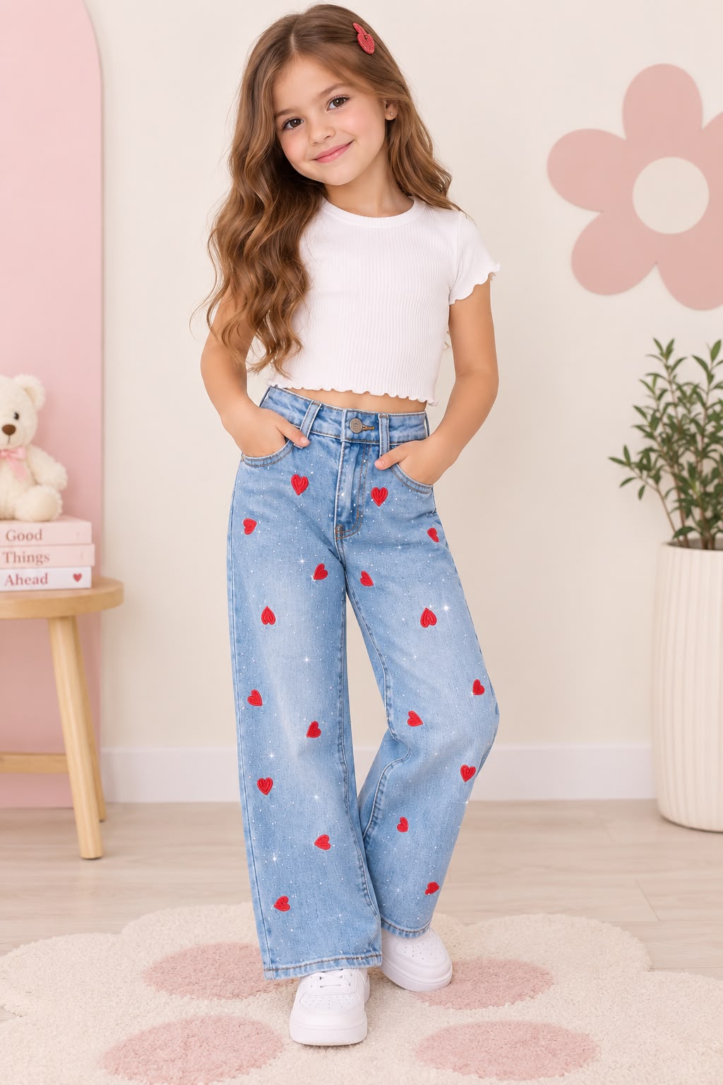 👖 Jeans Wide Leg para Niña con Brillos y Bordados ✨🦋❤️