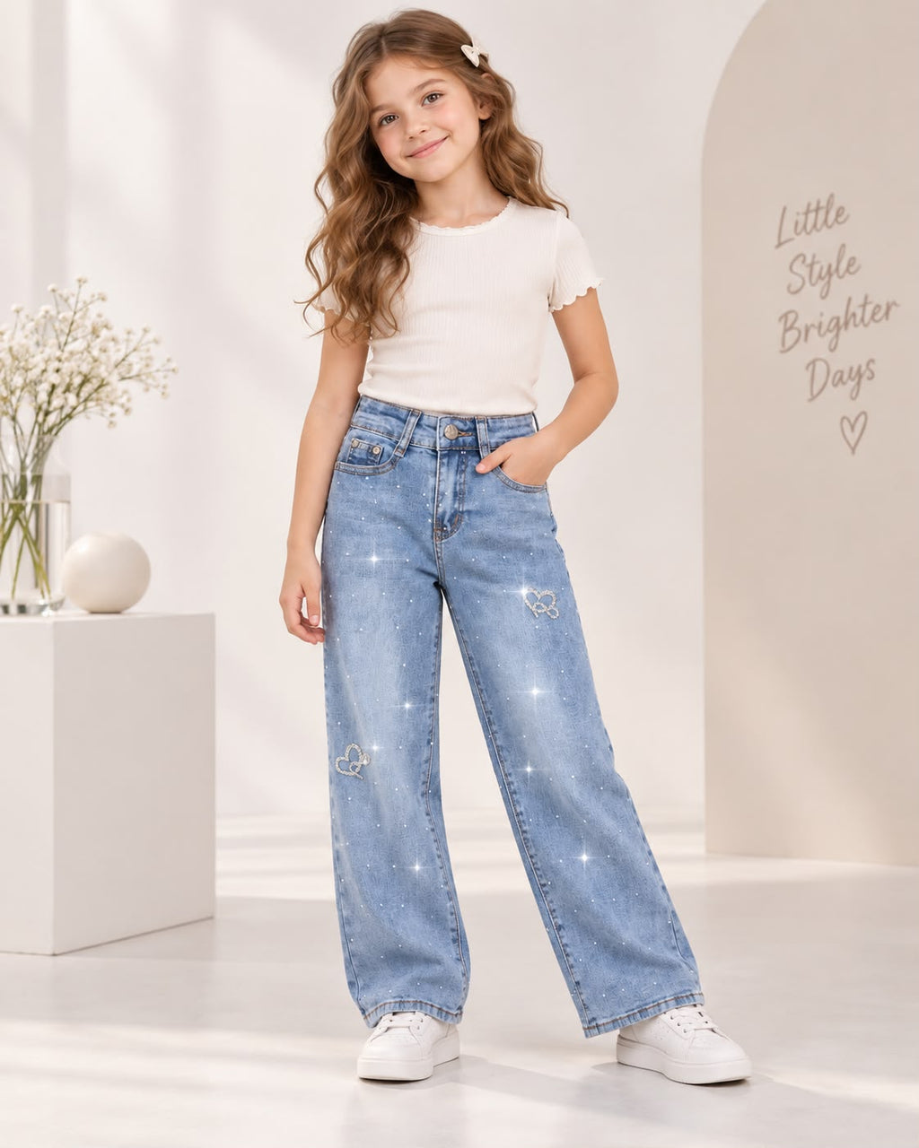 👖 Jeans Wide Leg para Niña con Brillos y Bordados ✨🦋❤️