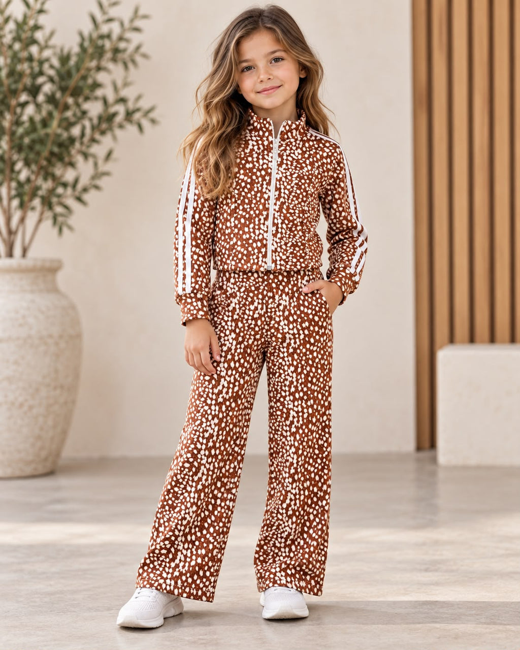 Conjunto Deportivo para Niña 2 Piezas Estampado | Chamarra con Cierre + Pantalón Pierna Ancha