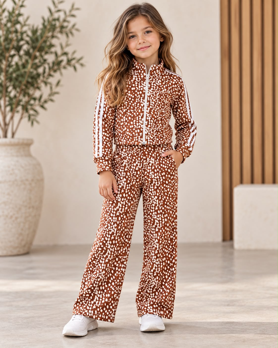 Conjunto Deportivo para Niña 2 Piezas Estampado | Chamarra con Cierre + Pantalón Pierna Ancha