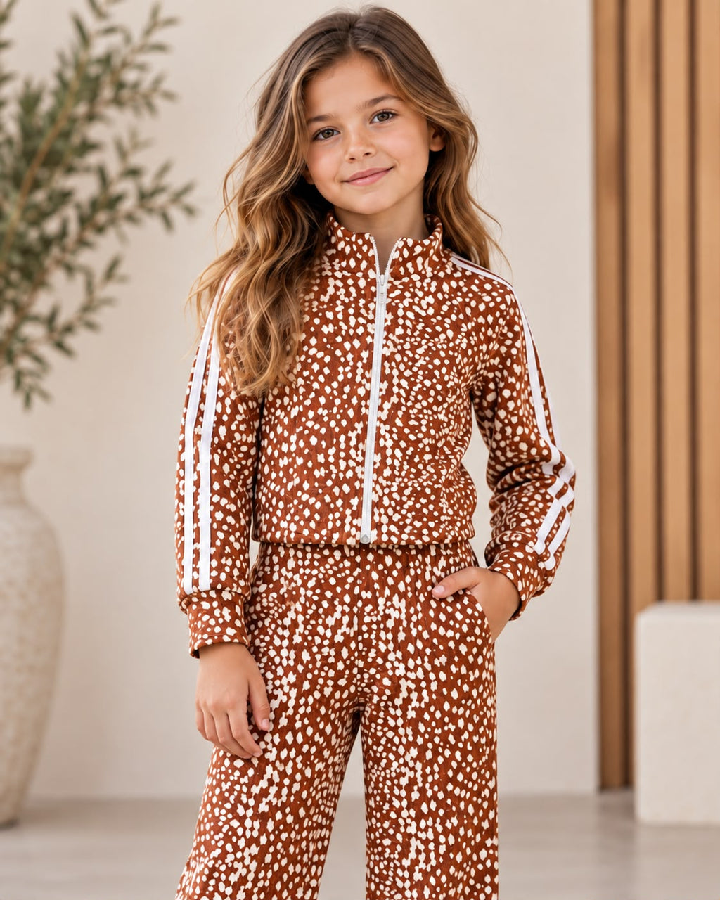 Conjunto Deportivo para Niña 2 Piezas Estampado | Chamarra con Cierre + Pantalón Pierna Ancha