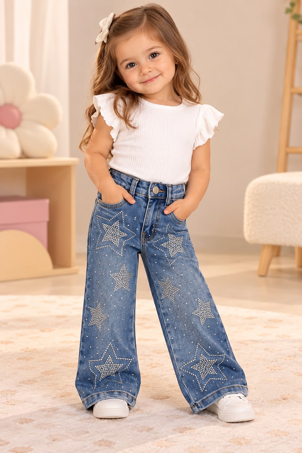Jeans Wide Leg para Niña con Estrellas de Brillos ✨ Pantalón de Mezclilla