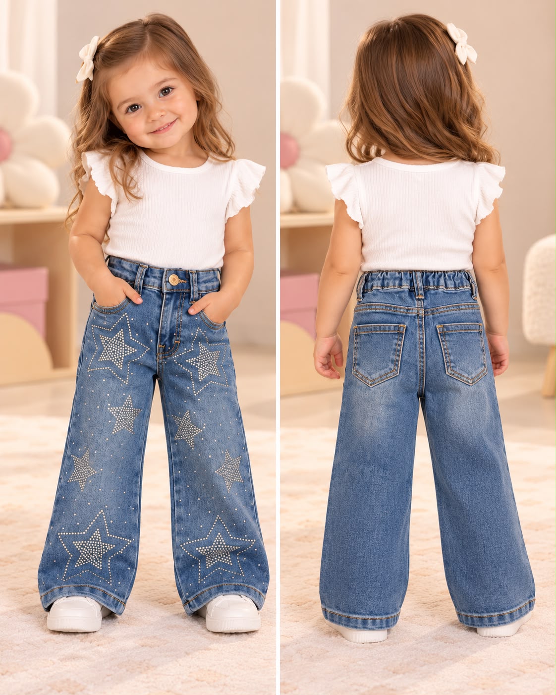 Jeans Wide Leg para Niña con Estrellas de Brillos ✨ Pantalón de Mezclilla