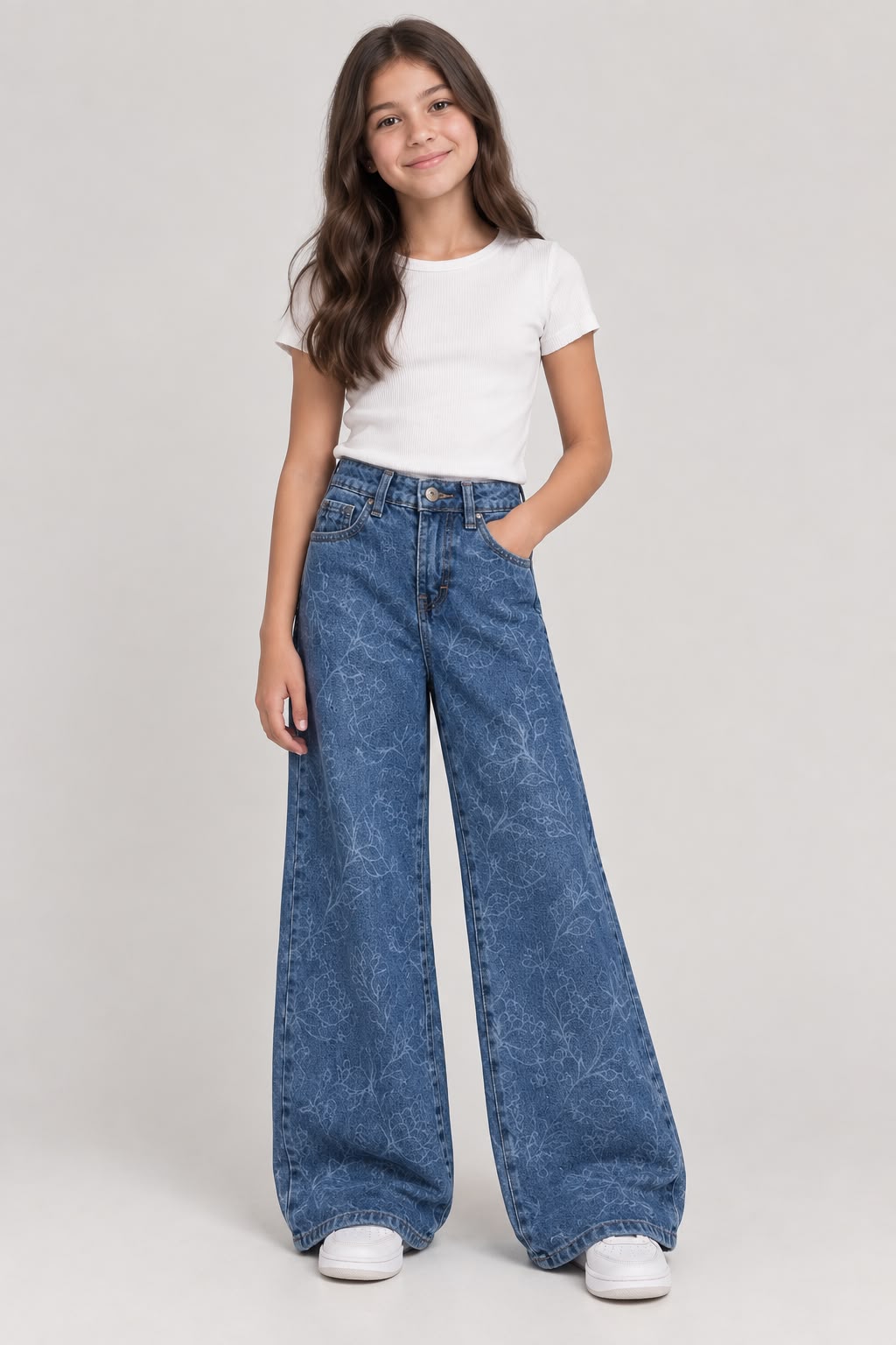 Jeans Wide Leg para Niña con Estampado Floral ✨ Mezclilla Pierna Ancha