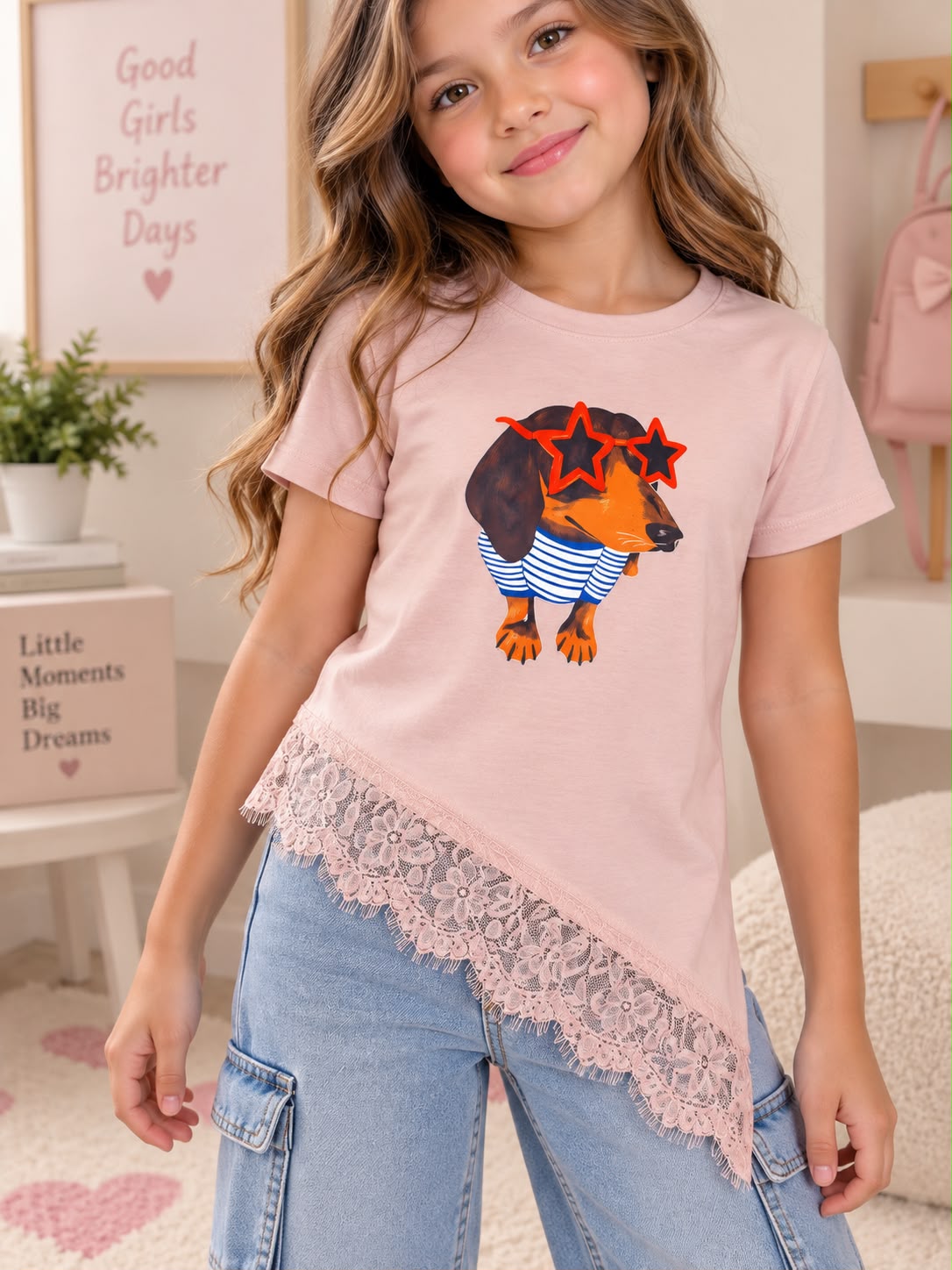 Blusa para Niña Asimétrica con Encaje y Estampado de Perrito | Manga Corta 🐶✨