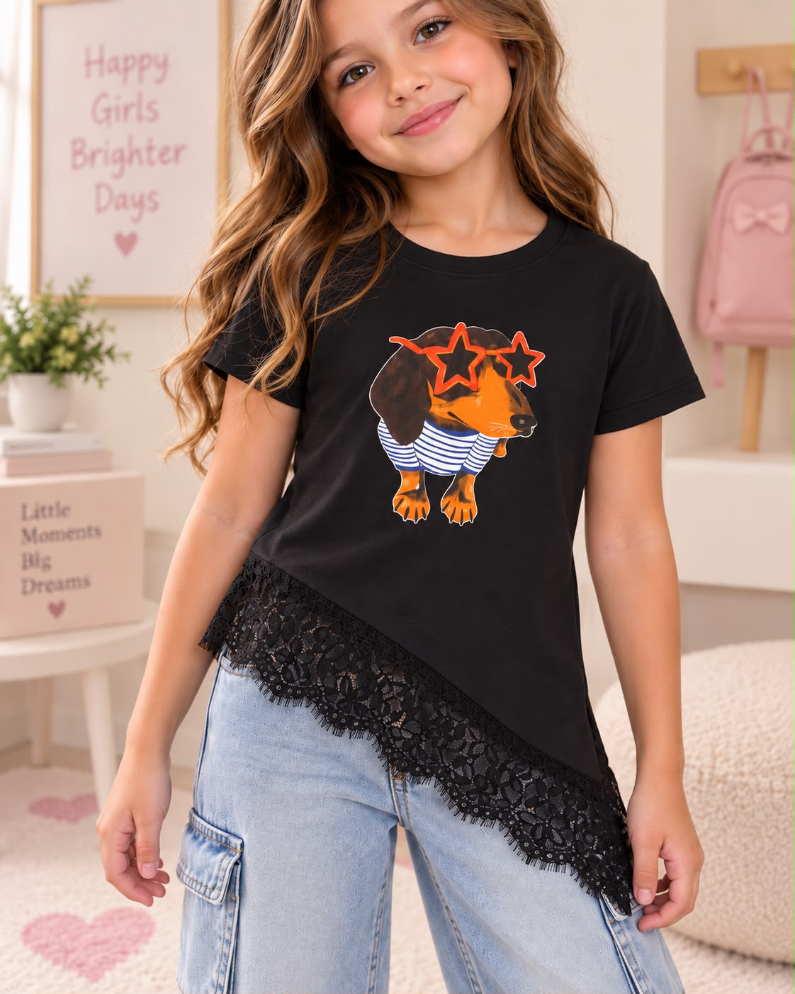 Blusa para Niña Asimétrica con Encaje y Estampado de Perrito | Manga Corta 🐶✨