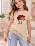 Blusa para Niña Asimétrica con Encaje y Estampado de Perrito | Manga Corta 🐶✨