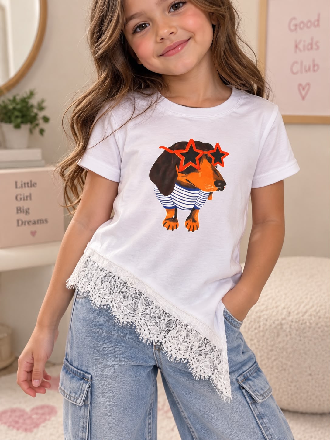 Blusa para Niña Asimétrica con Encaje y Estampado de Perrito | Manga Corta 🐶✨