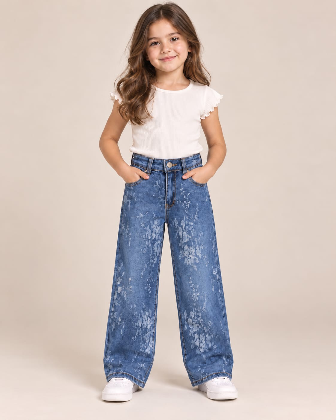 👖 Jeans Wide Leg para Niña con Estampado Floral | Mezclilla Tiro Alto