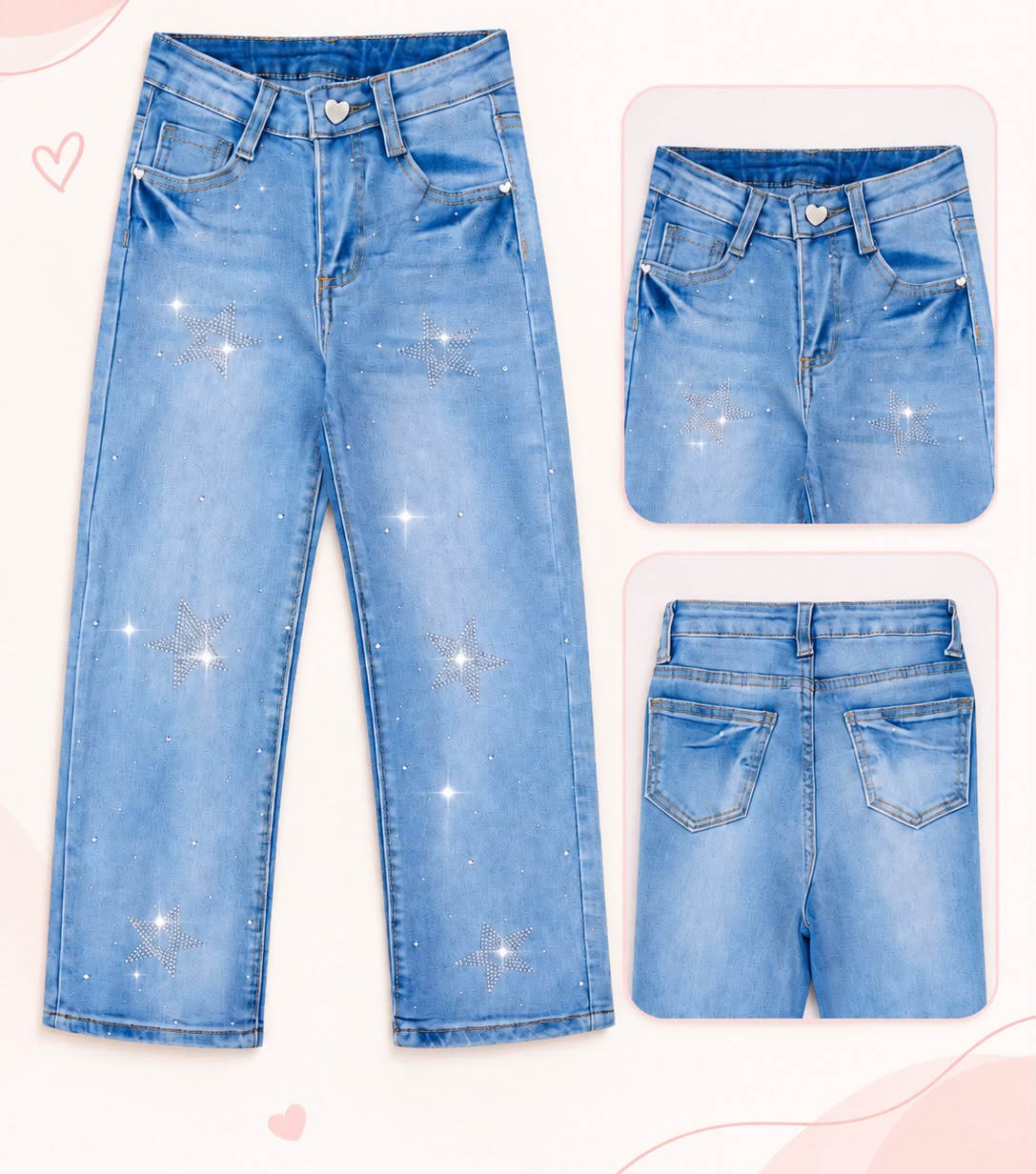 Pantalón Jeans para Niña Corte Ancho con Pedrería Brilla Moños y Estrellas