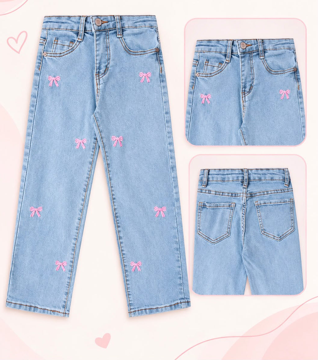 Jeans Anchos de Mezclilla para Niña con Bordados Coquette (Corazones y Moños)