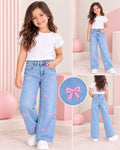 Jeans Anchos de Mezclilla para Niña con Bordados Coquette (Corazones y Moños)