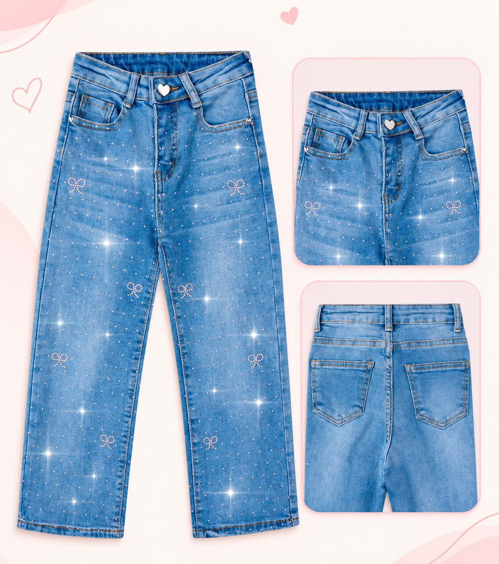 Pantalón Jeans para Niña Corte Ancho con Pedrería Brilla Moños y Estrellas