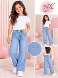 Pantalón Jeans para Niña Corte Ancho con Pedrería Brilla Moños y Estrellas