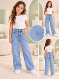 👖 Jeans Wide Leg para Niña con Moños Bordados y Brillitos ✨ Pantalón de Mezclilla Corte Amplio Moderno