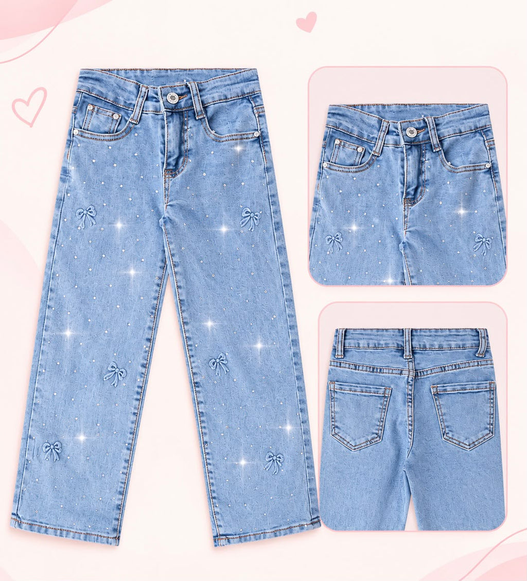 👖 Jeans Wide Leg para Niña con Moños Bordados y Brillitos ✨ Pantalón de Mezclilla Corte Amplio Moderno