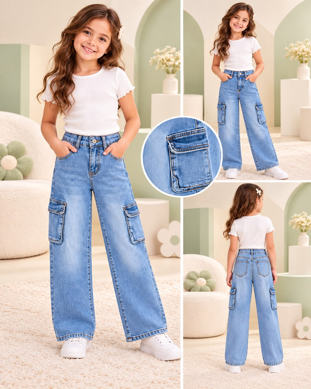 👖 Jeans Wide Leg para Niña – Mezclilla Azul con Cintura Alta y Bolsillos