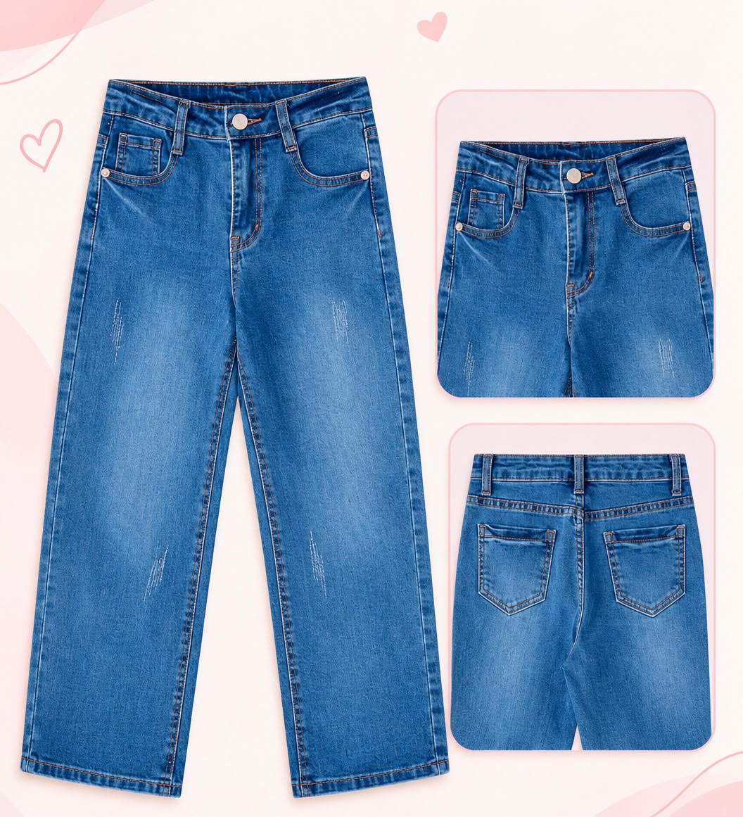 👖 Jeans Wide Leg para Niña – Mezclilla Azul con Cintura Alta y Bolsillos