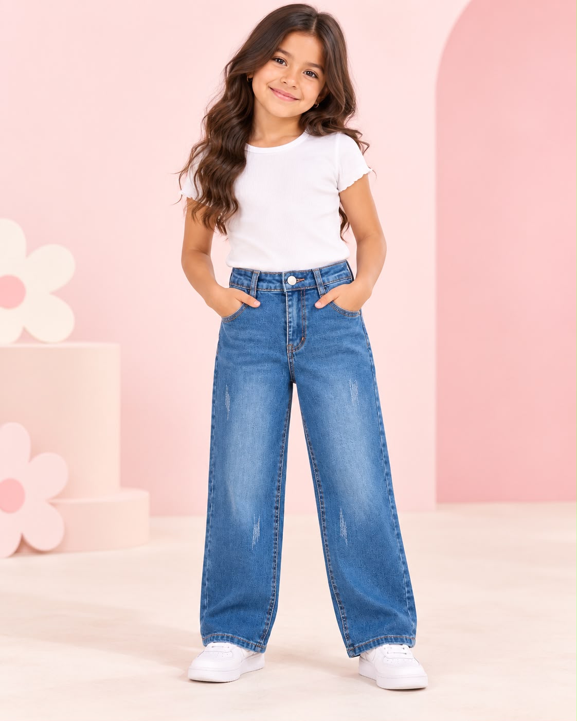 👖 Jeans Wide Leg para Niña – Mezclilla Azul con Cintura Alta y Bolsillos